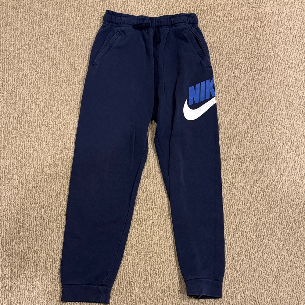 Nike Kids Navy Blue Sweatpants with White Swoosh and Blue Logo